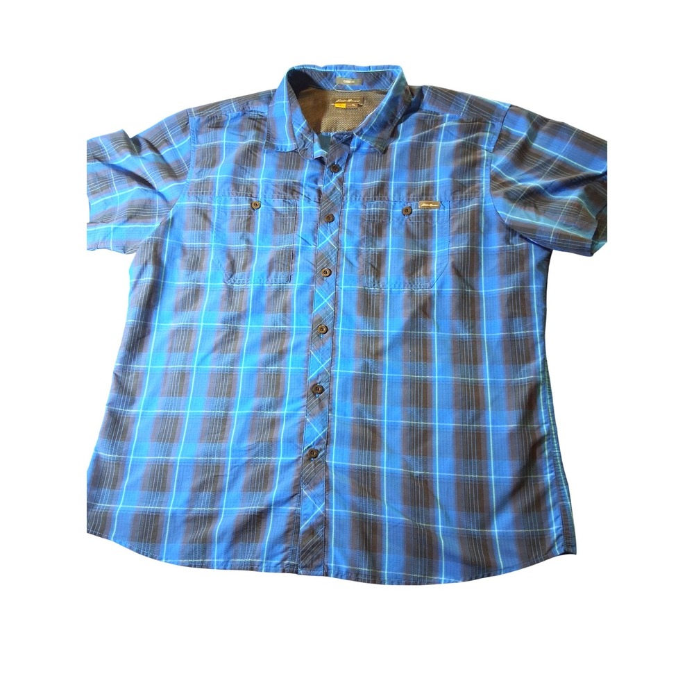 Eddie Bauer Travex Mens XL Blue Plaid Short Sleeve Ripstop Fishing Hiking Shirt